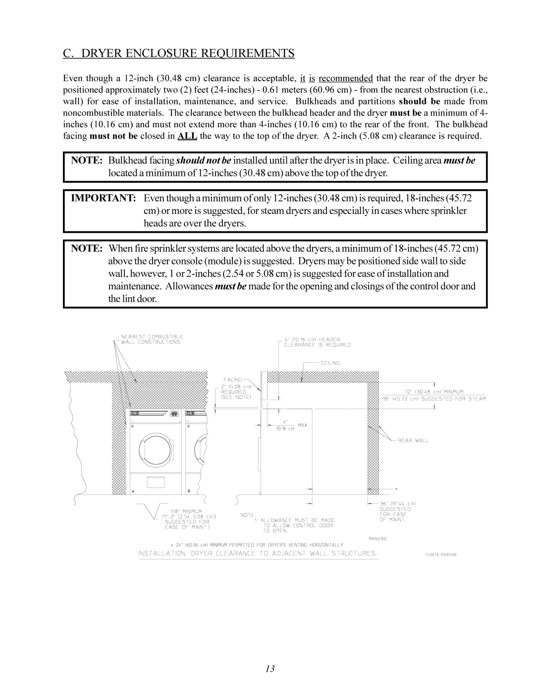 American Dryer Corp MLG-130DR (HSI) installation manual Dryer Enclosure Requirements 