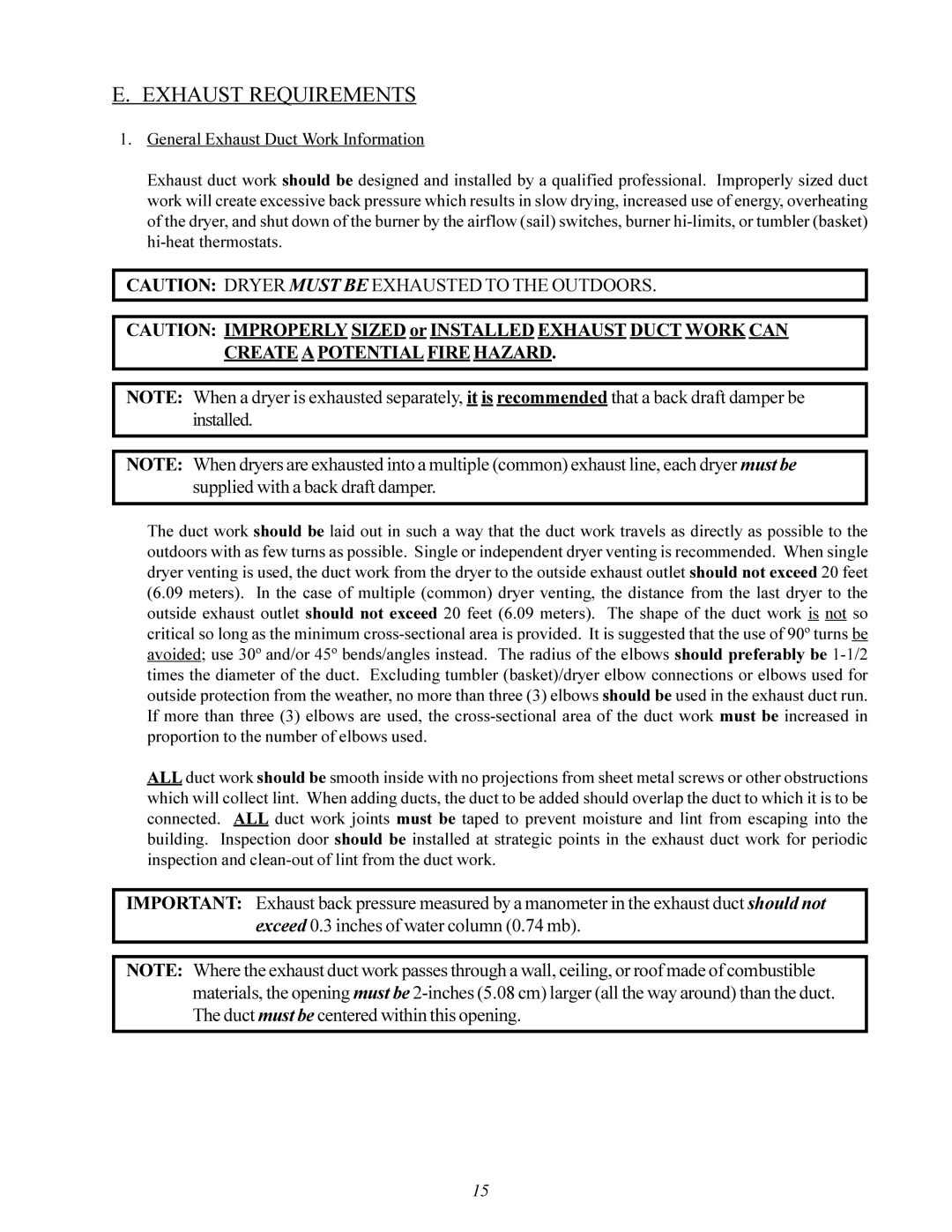 American Dryer Corp MLG-130DR (HSI) installation manual Exhaust Requirements 