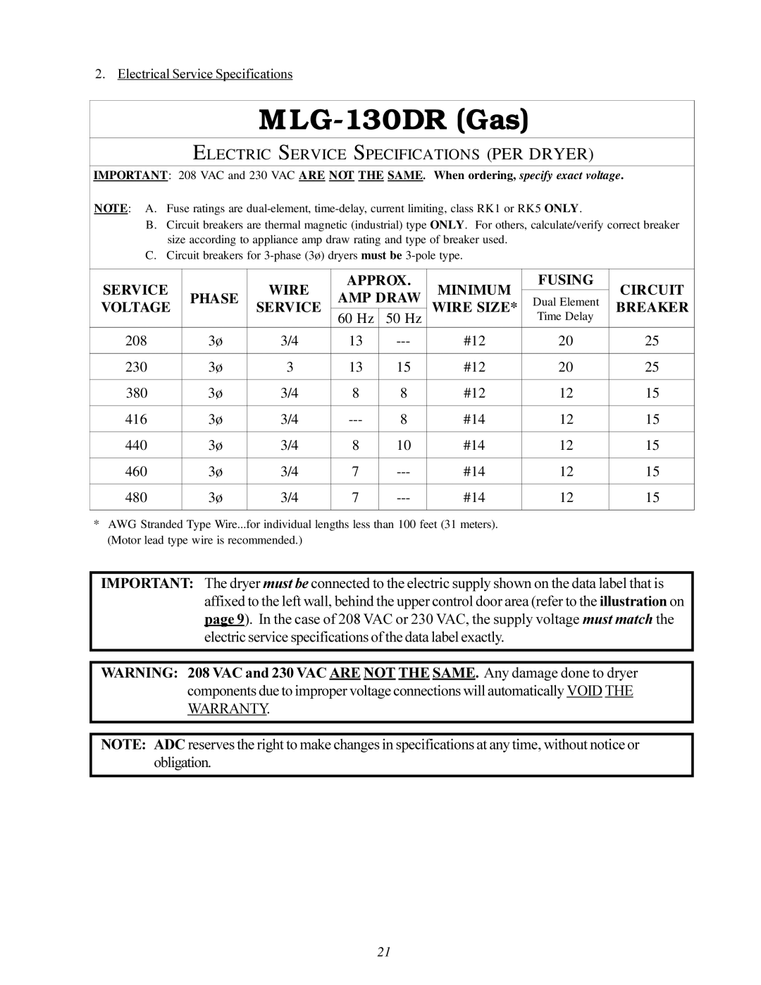 American Dryer Corp MLG-130DR (HSI) installation manual MLG-130DR Gas, Electrical Service Specifications 