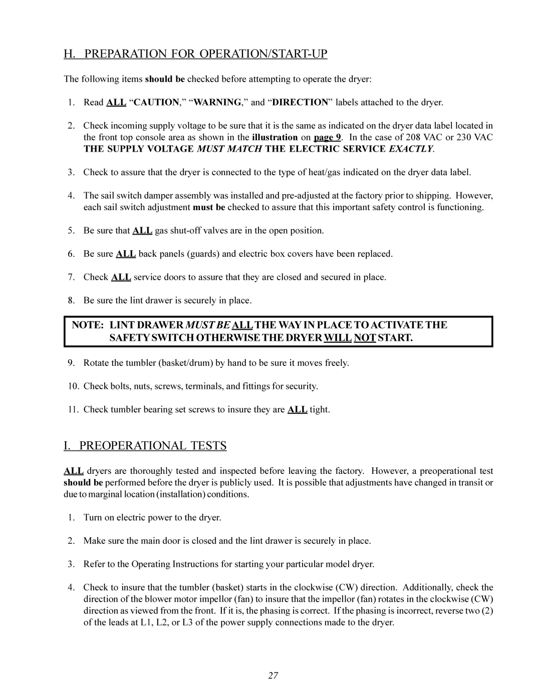 American Dryer Corp MLG-130DR (HSI) installation manual Preparation for OPERATION/START-UP, Preoperational Tests 