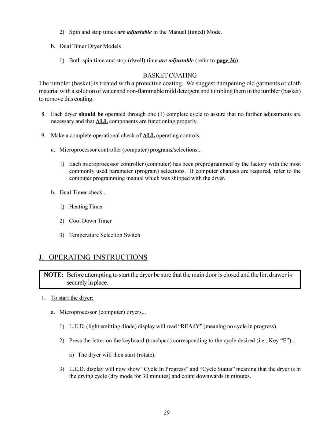 American Dryer Corp MLG-130DR (HSI) installation manual Operating Instructions, Basket Coating 