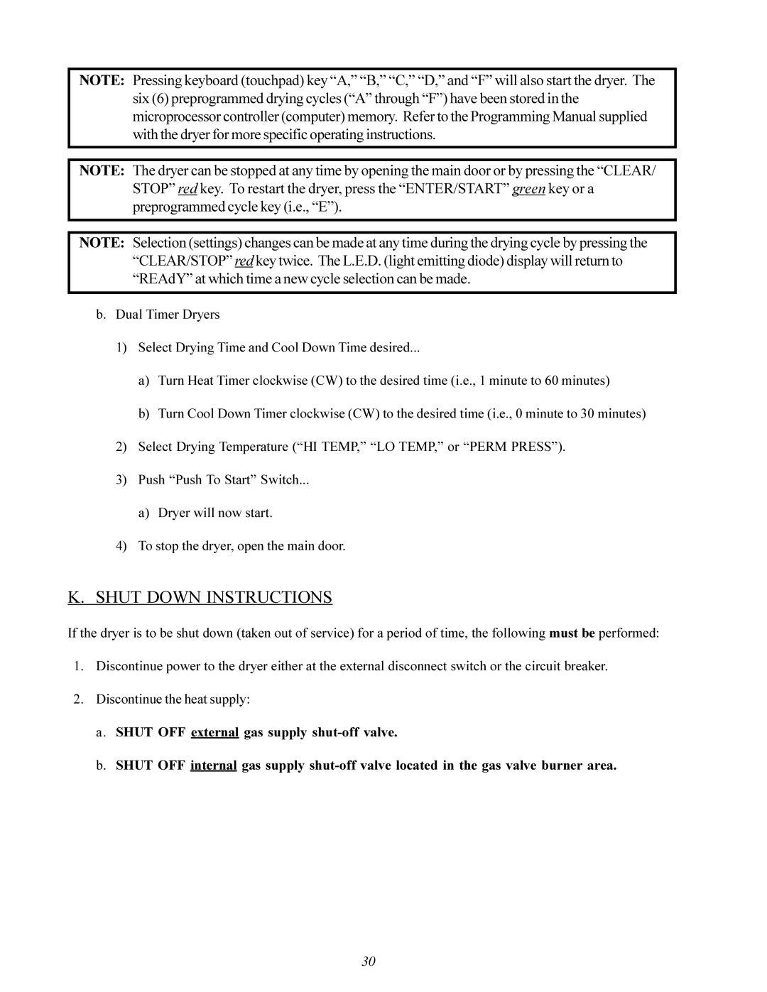 American Dryer Corp MLG-130DR (HSI) installation manual Shut Down Instructions 