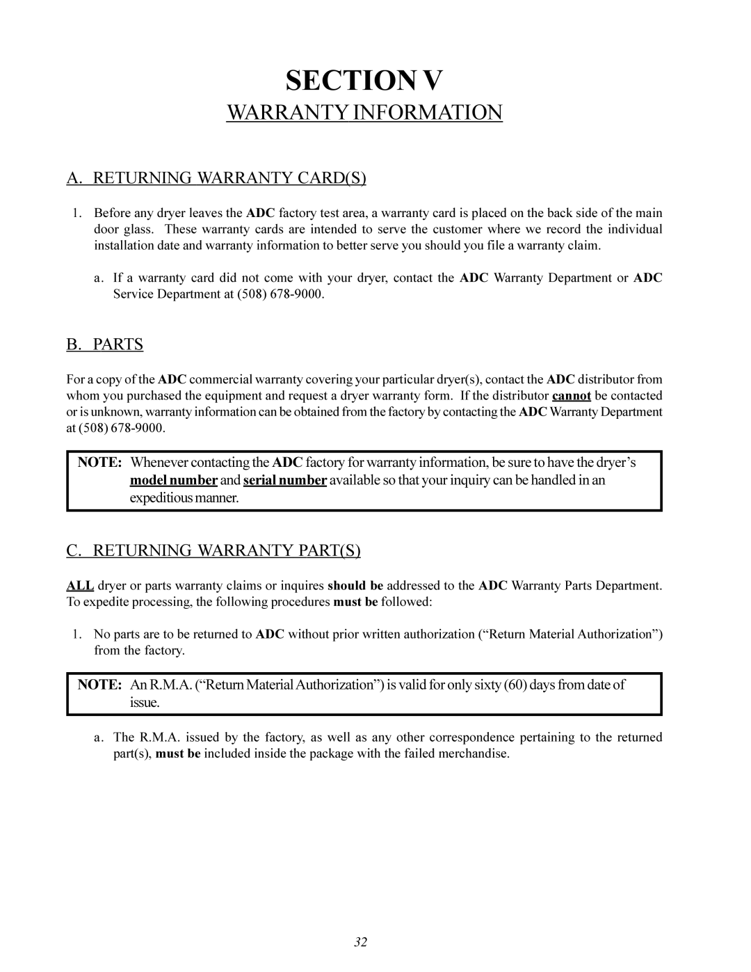 American Dryer Corp MLG-130DR (HSI) Warranty Information, Returning Warranty Cards, Returning Warranty Parts 