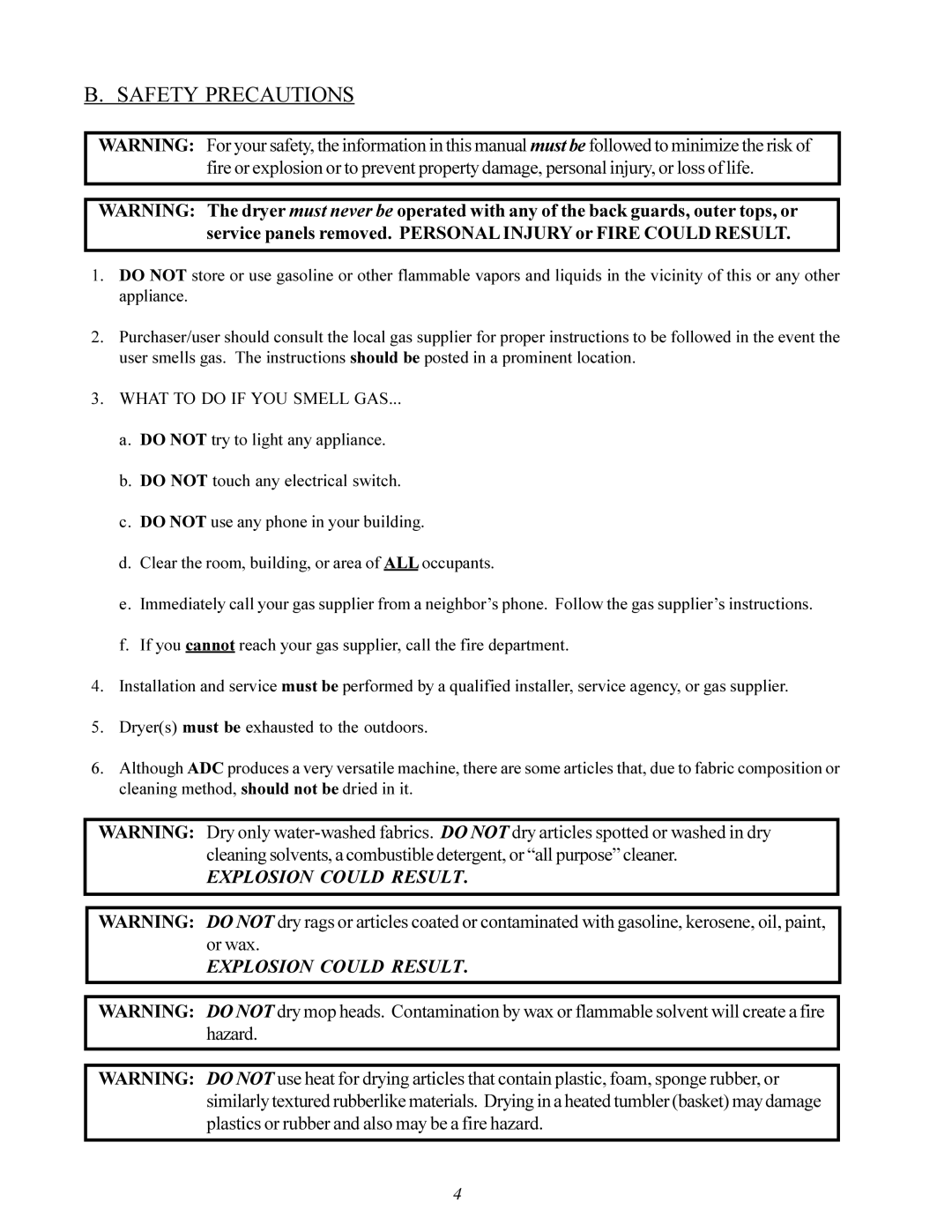 American Dryer Corp MLG-130DR (HSI) installation manual Safety Precautions, What to do if YOU Smell GAS 