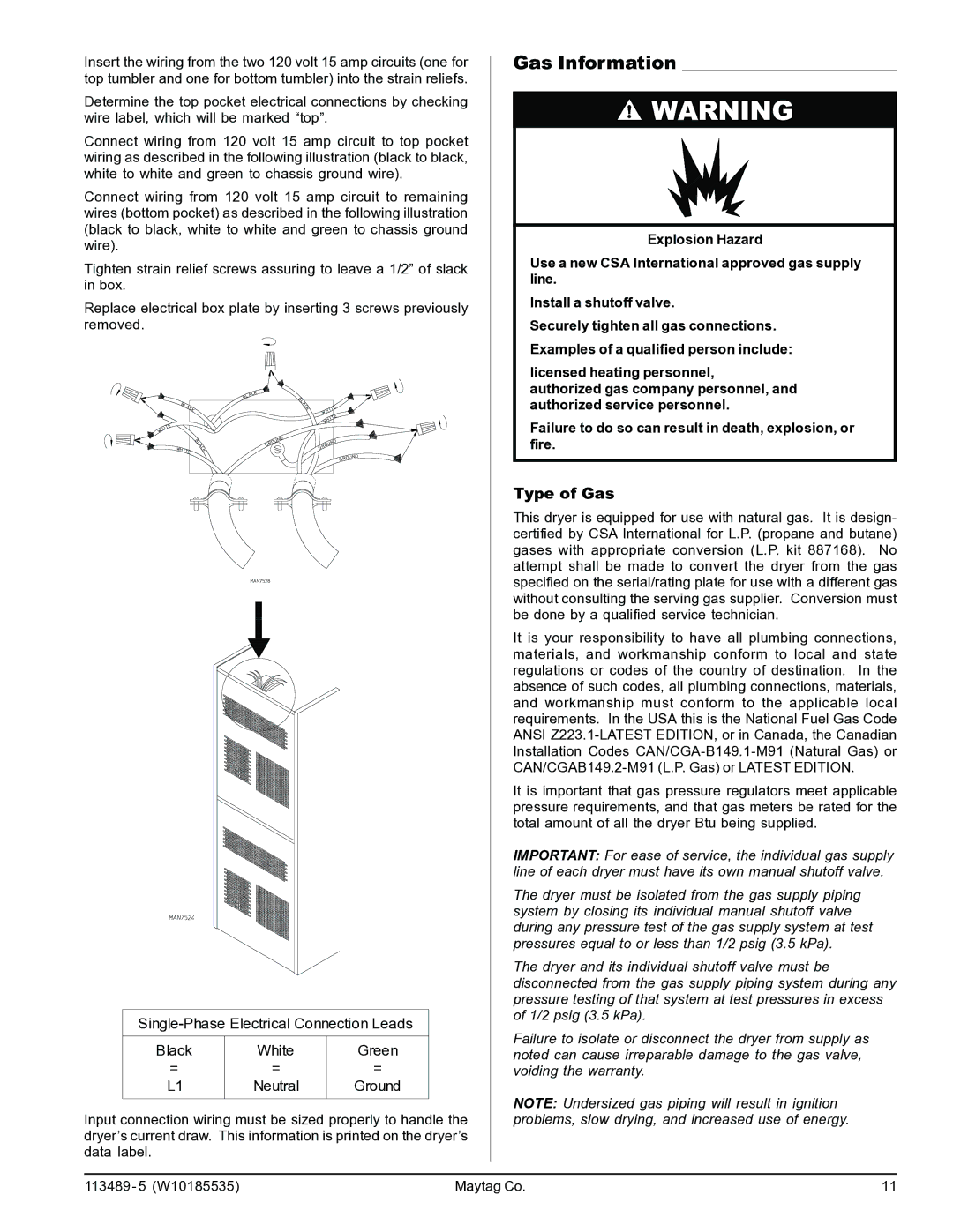 American Dryer Corp MLG-45PDB installation manual Gas Information, Type of Gas 