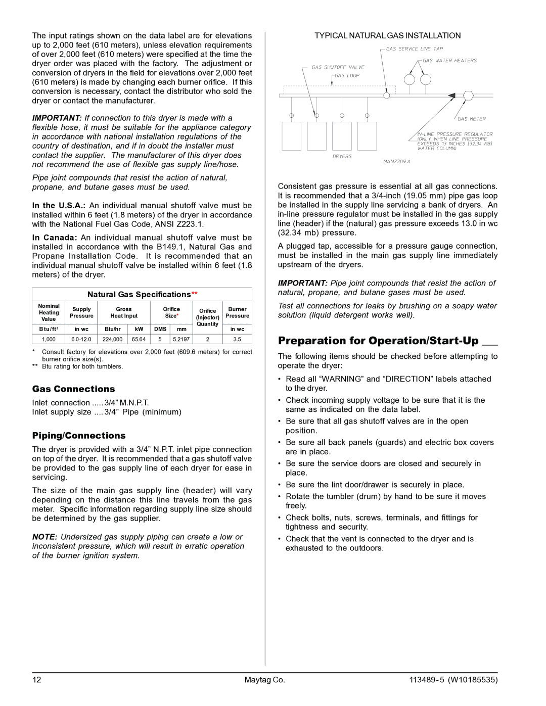 American Dryer Corp MLG-45PDB installation manual Preparation for Operation/Start-Up, Gas Connections, Piping/Connections 