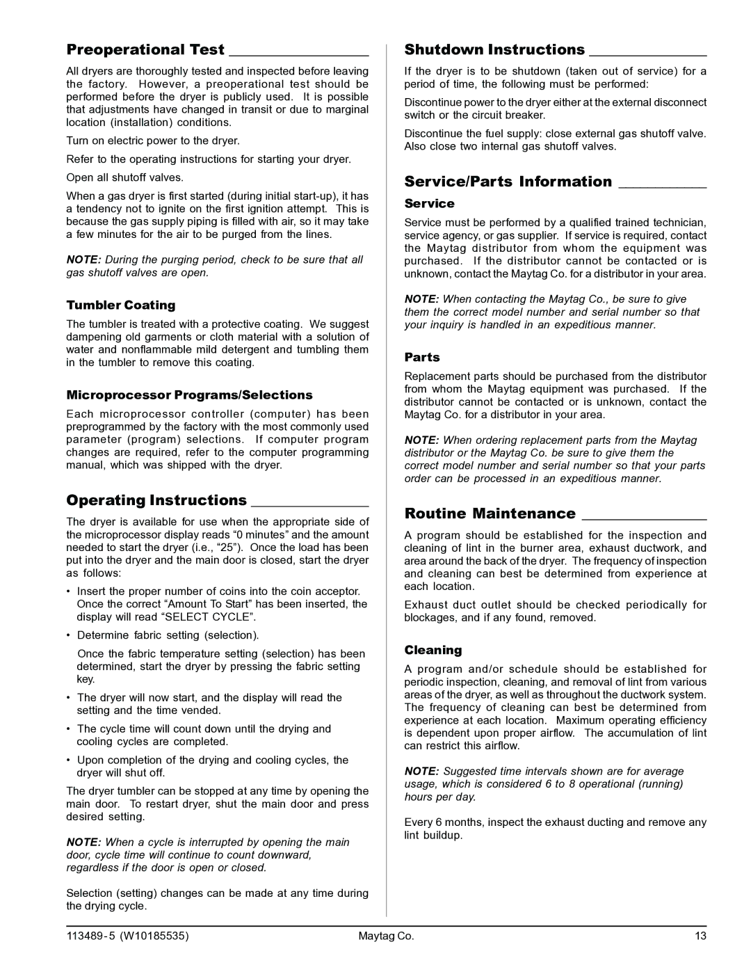 American Dryer Corp MLG-45PDB Preoperational Test, Operating Instructions, Shutdown Instructions, Routine Maintenance 