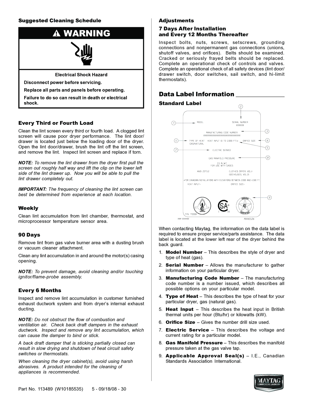 American Dryer Corp MLG-45PDB installation manual Data Label Information 