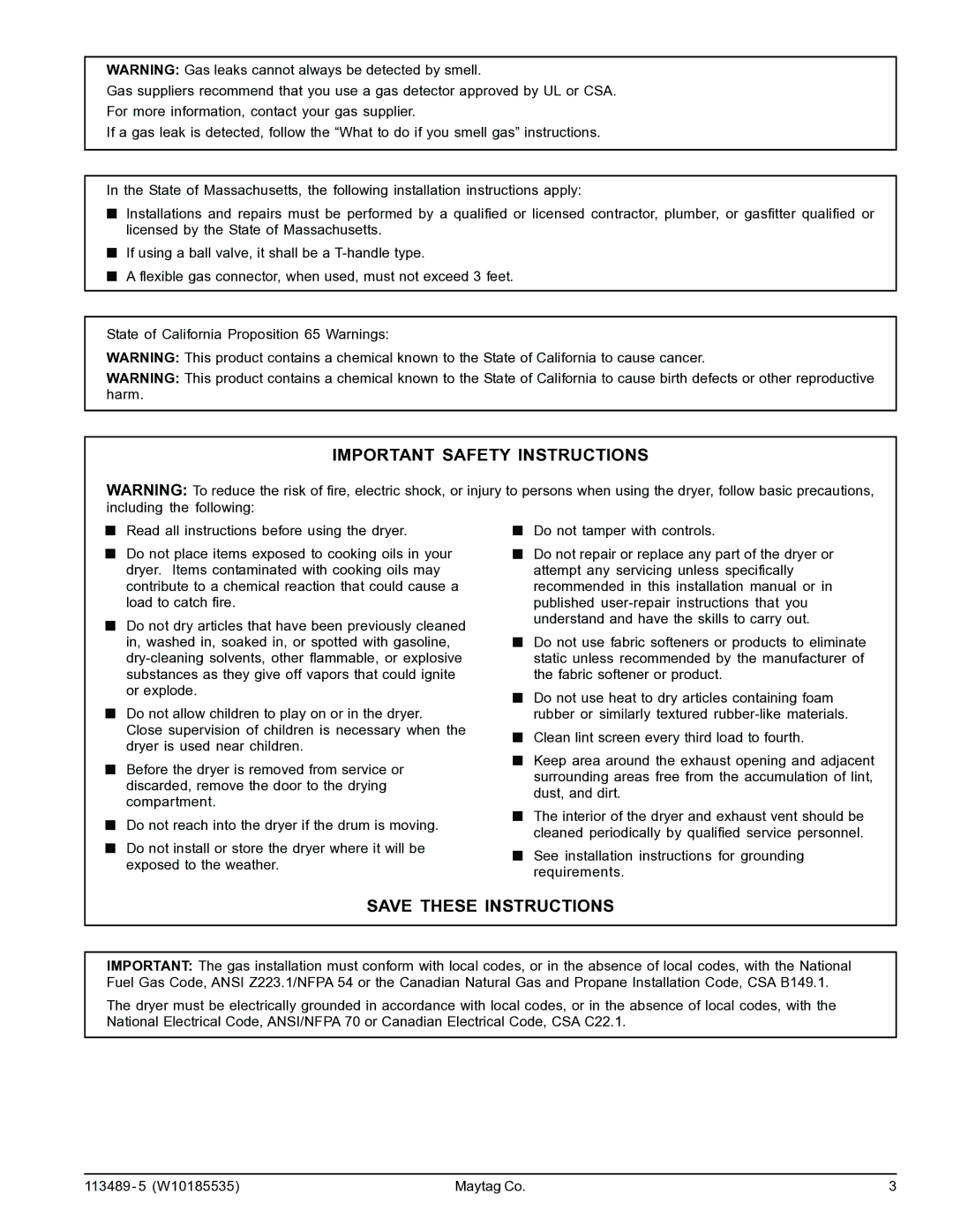 American Dryer Corp MLG-45PDB installation manual Important Safety Instructions 