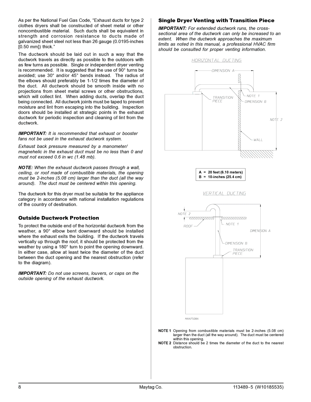 American Dryer Corp MLG-45PDB installation manual Outside Ductwork Protection, Single Dryer Venting with Transition Piece 