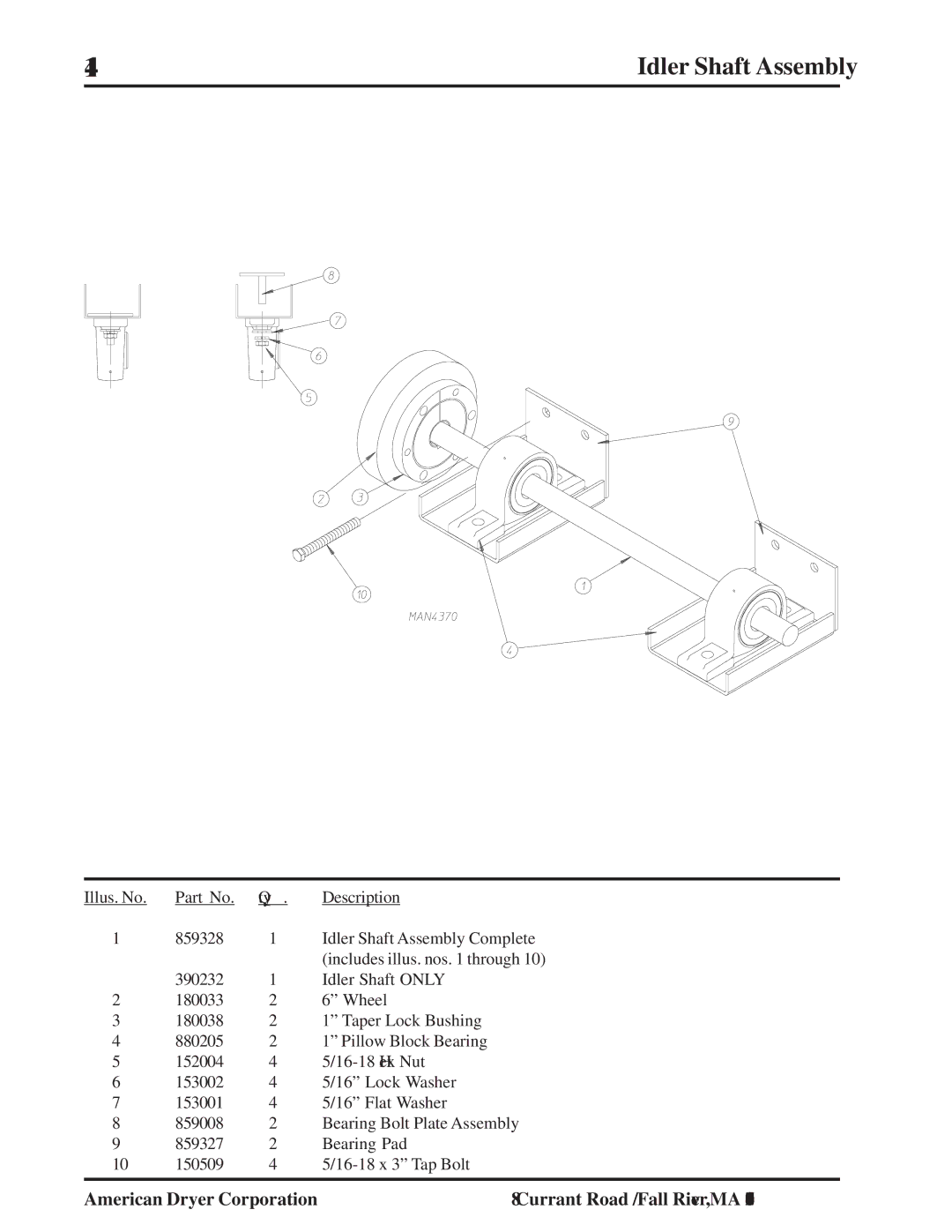 American Dryer Corp MLG-96 manual Idler Shaft Assembly 