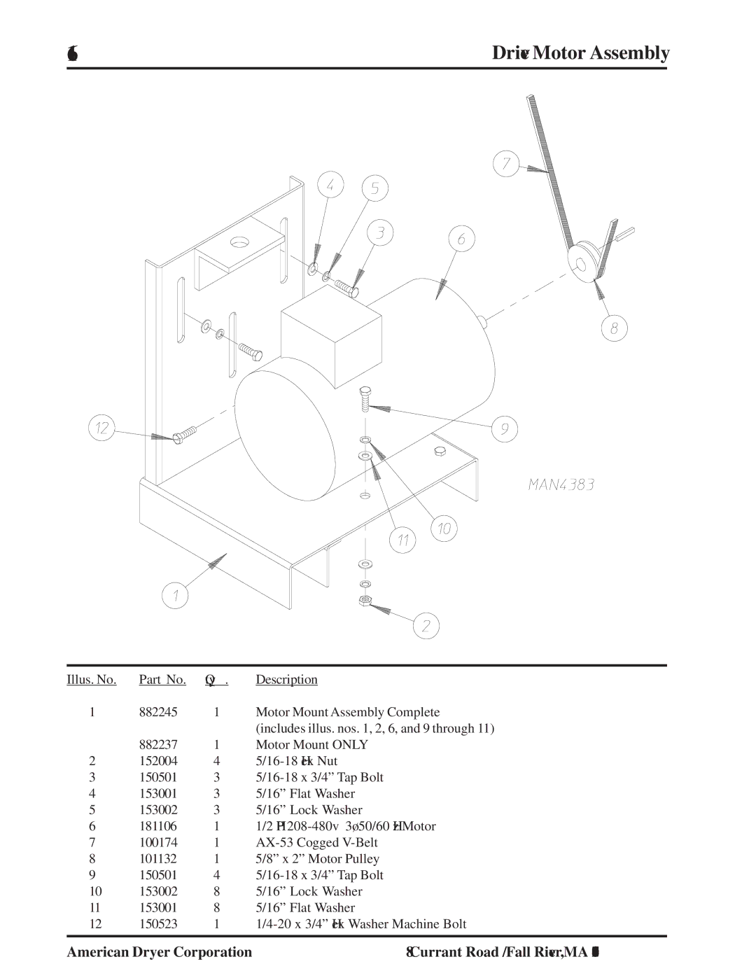 American Dryer Corp MLG-96 manual Drive Motor Assembly 