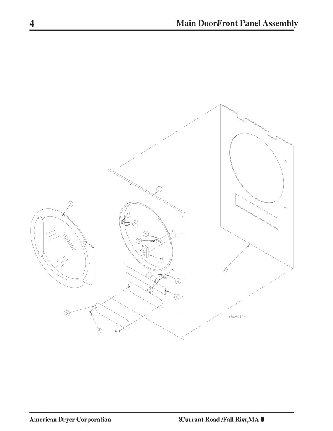 American Dryer Corp MLG-96 manual Main Door/Front Panel Assembly 