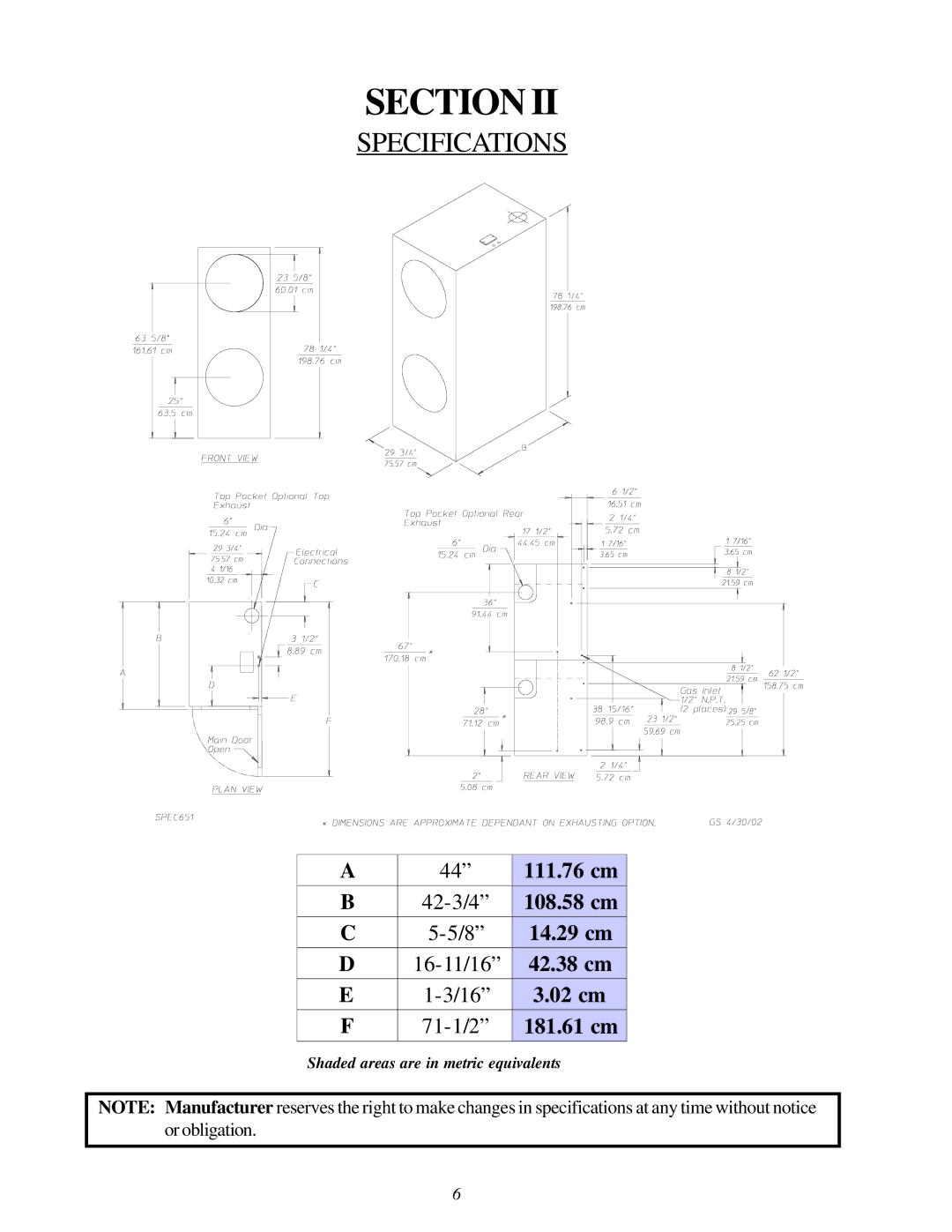 American Dryer Corp MLG31PCA installation manual Specifications, 71-1/2 