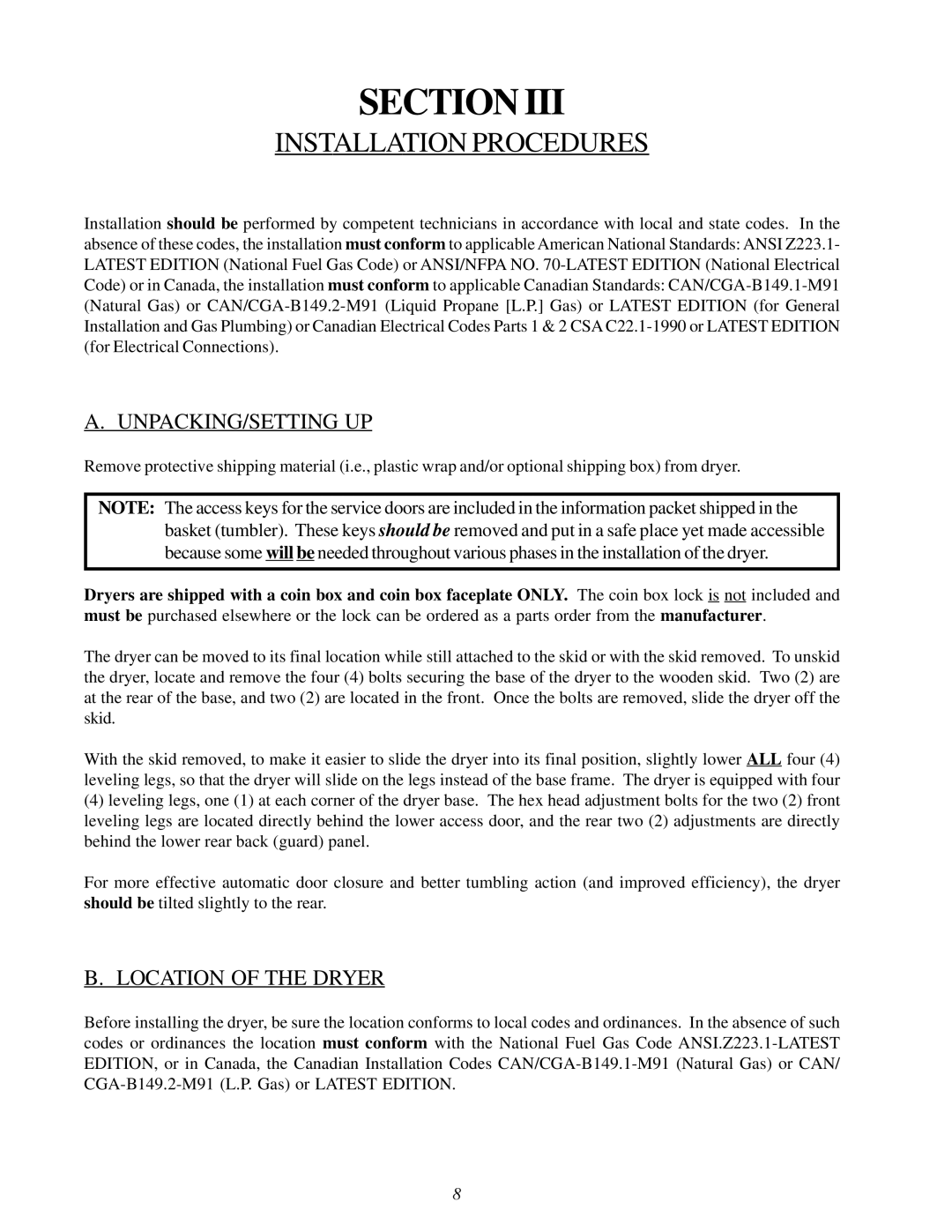 American Dryer Corp MLG31PCA installation manual Installation Procedures, Unpacking/Setting Up, Location of the Dryer 