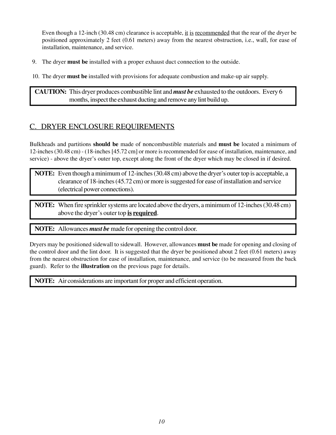 American Dryer Corp MLG31PCA installation manual Dryer Enclosure Requirements 