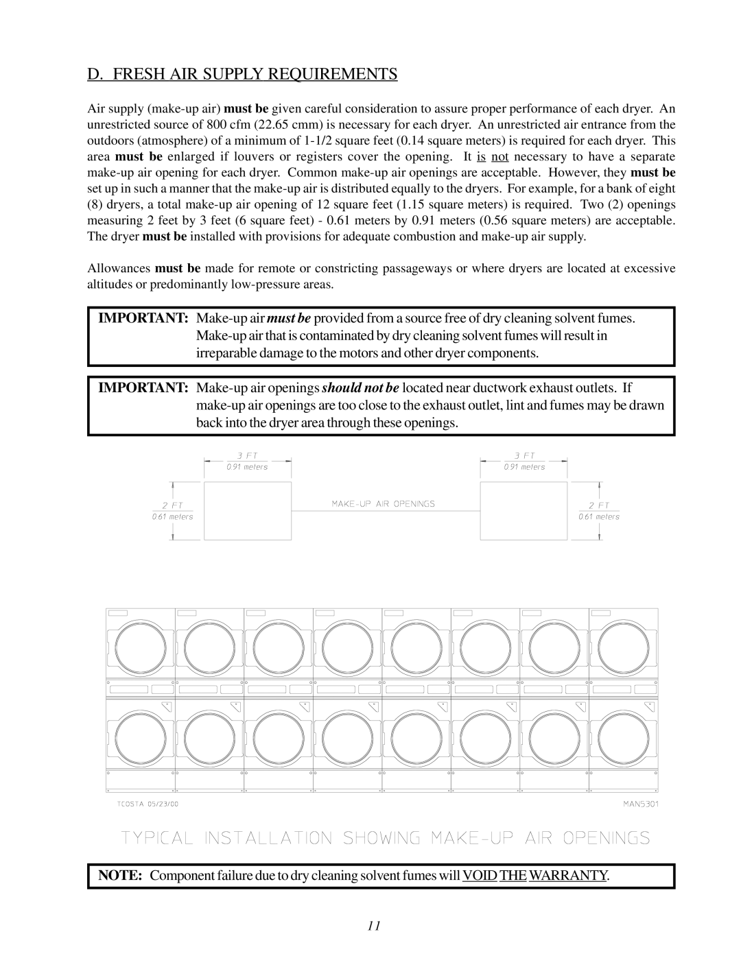 American Dryer Corp MLG31PCA installation manual Fresh AIR Supply Requirements 