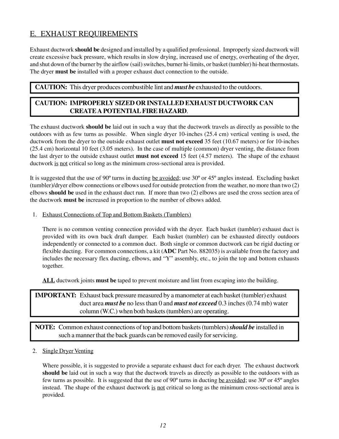 American Dryer Corp MLG31PCA installation manual Exhaust Requirements 