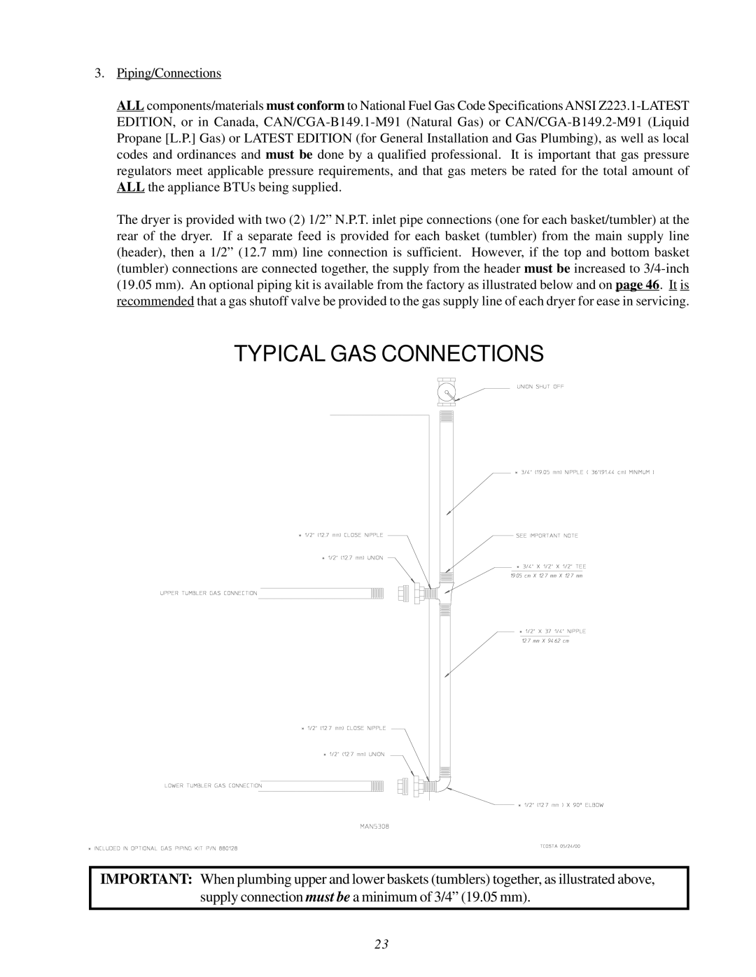 American Dryer Corp MLG31PCA installation manual Typical GAS Connections 