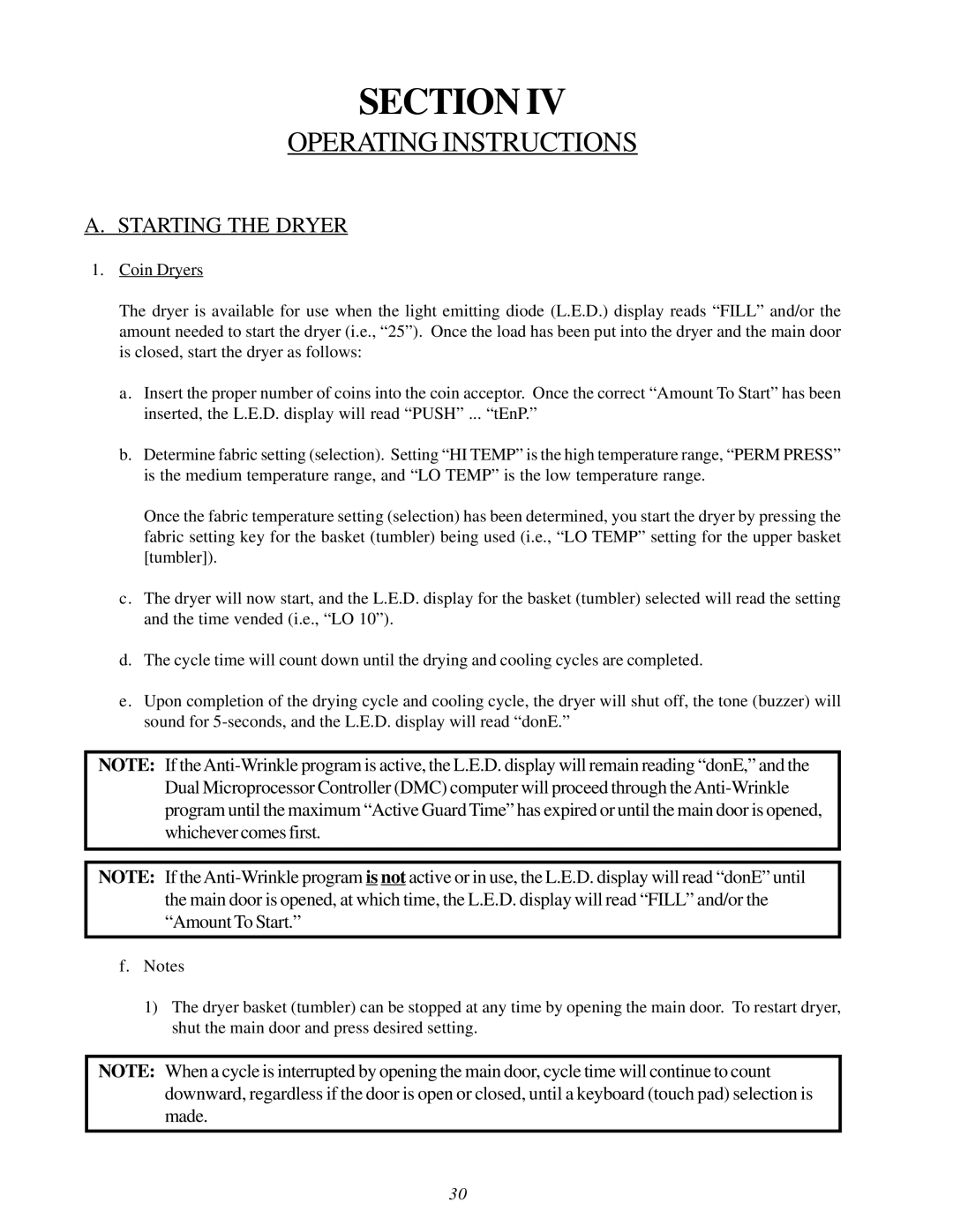 American Dryer Corp MLG31PCA installation manual Operating Instructions, Starting the Dryer 