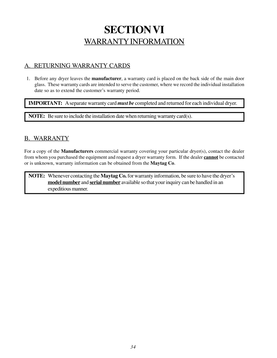 American Dryer Corp MLG31PCA installation manual Warranty Information, Returning Warranty Cards 