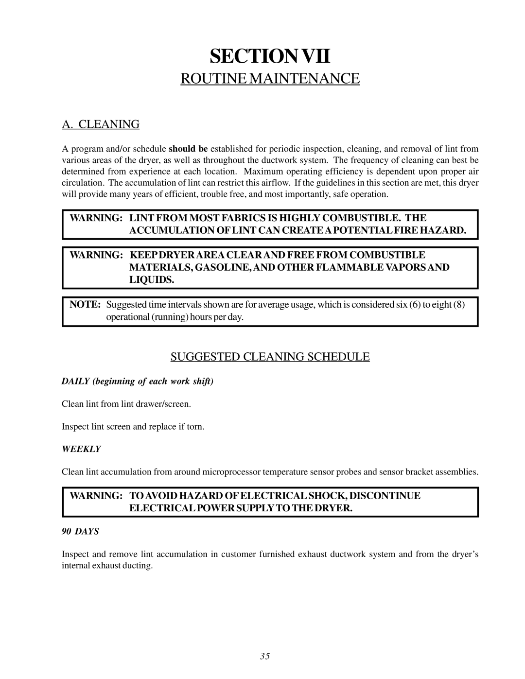 American Dryer Corp MLG31PCA installation manual Routine Maintenance, Suggested Cleaning Schedule 