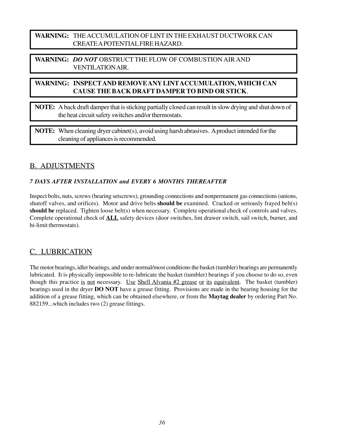 American Dryer Corp MLG31PCA installation manual Adjustments, Lubrication 