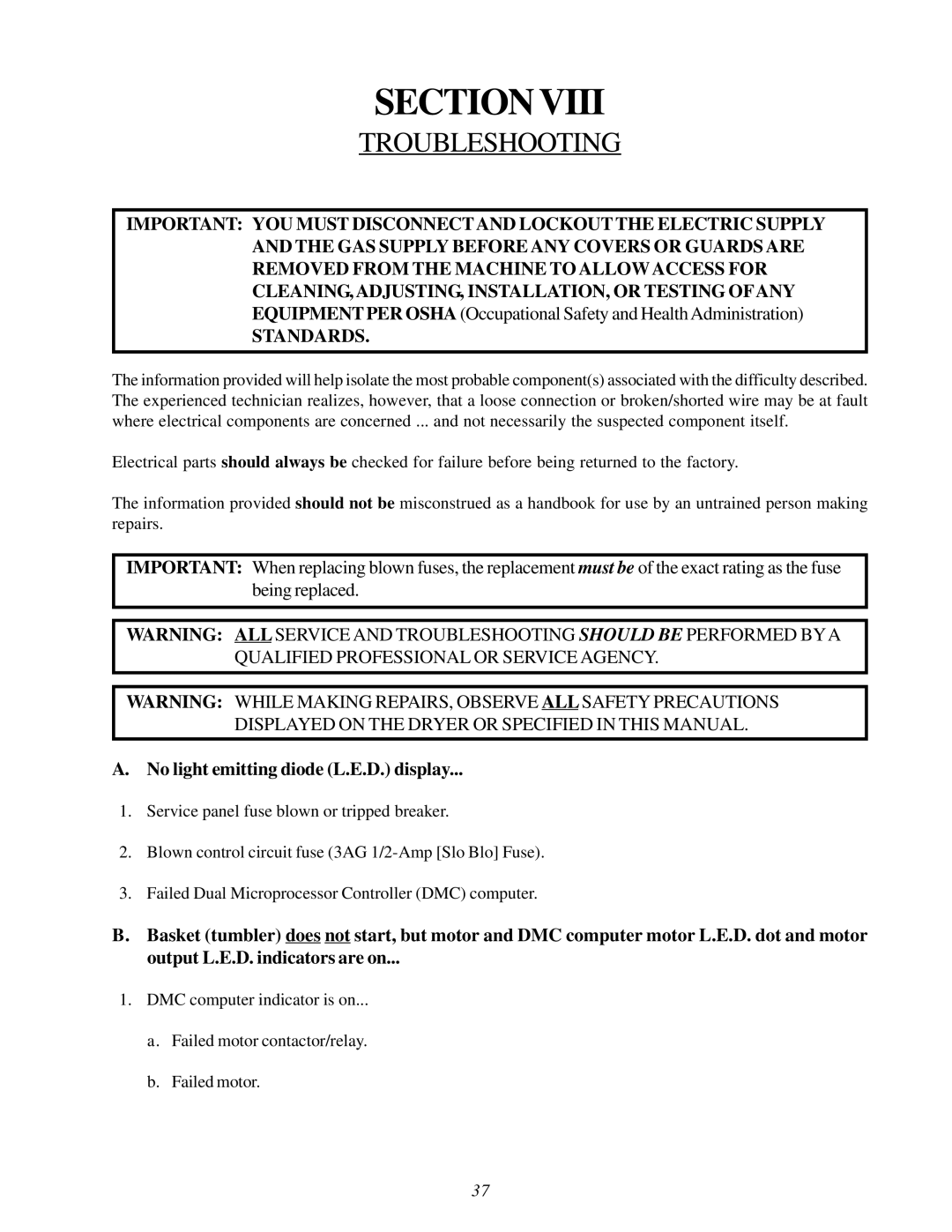 American Dryer Corp MLG31PCA installation manual Sectionviii, Troubleshooting 