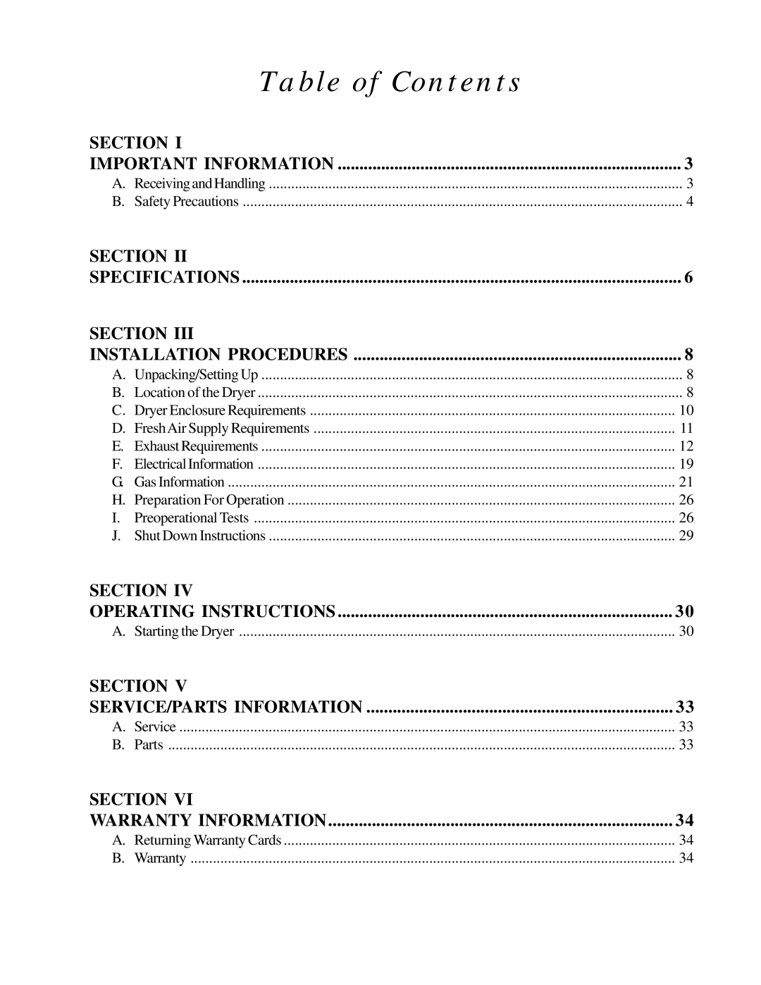 American Dryer Corp MLG31PCA installation manual Table of Contents 