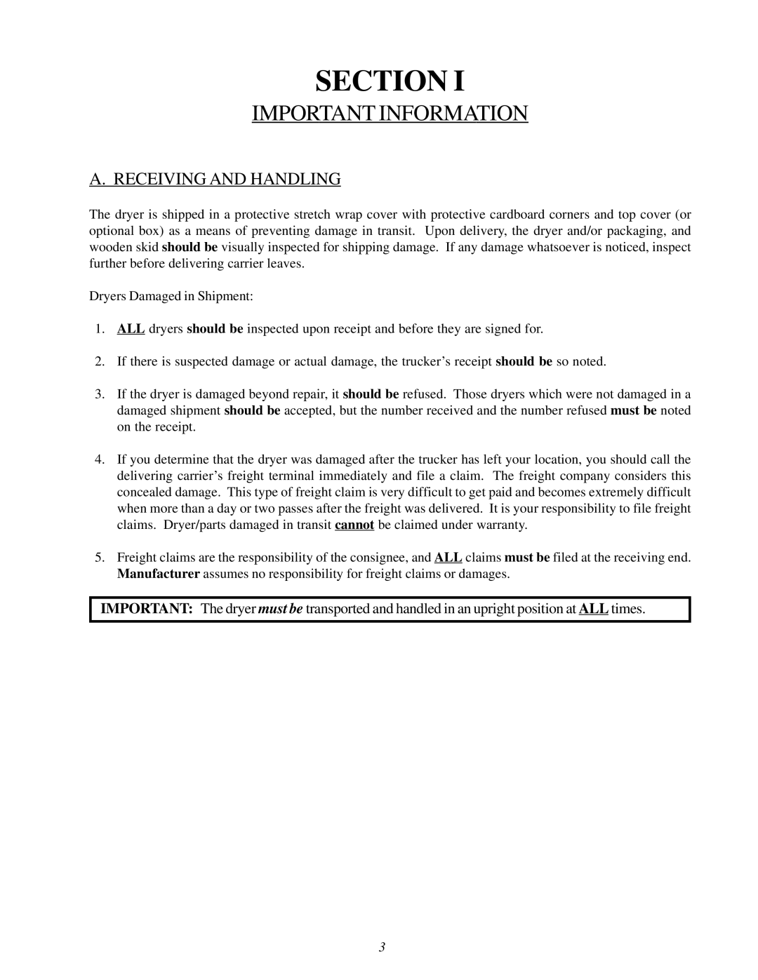 American Dryer Corp MLG31PCA installation manual Important Information, Receiving and Handling 