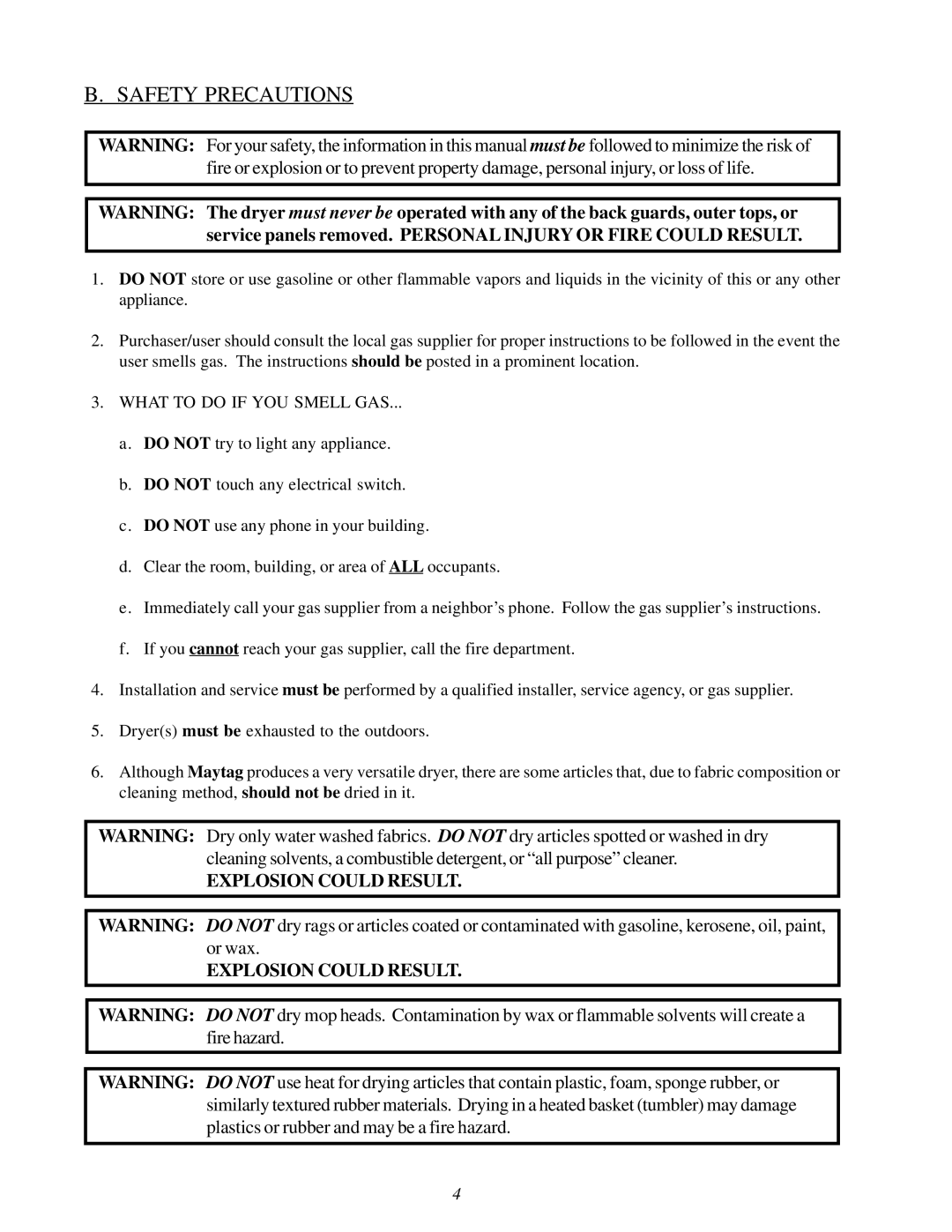 American Dryer Corp MLG31PCA installation manual Safety Precautions, What to do if YOU Smell GAS 