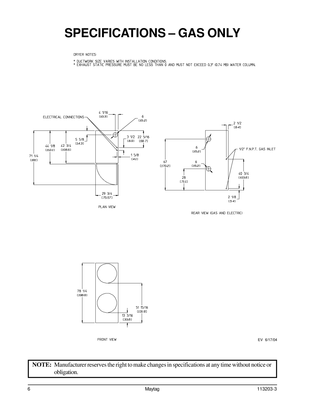 American Dryer Corp MLG31PCB installation manual Specifications GAS only 