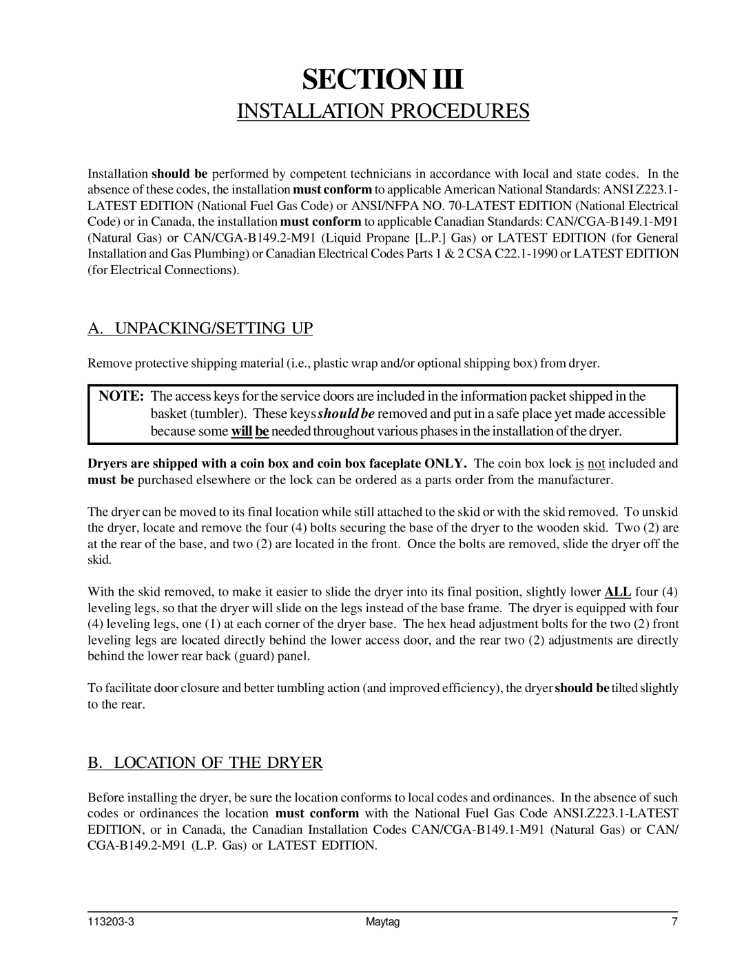 American Dryer Corp MLG31PCB installation manual Installation Procedures, Unpacking/Setting Up, Location of the Dryer 