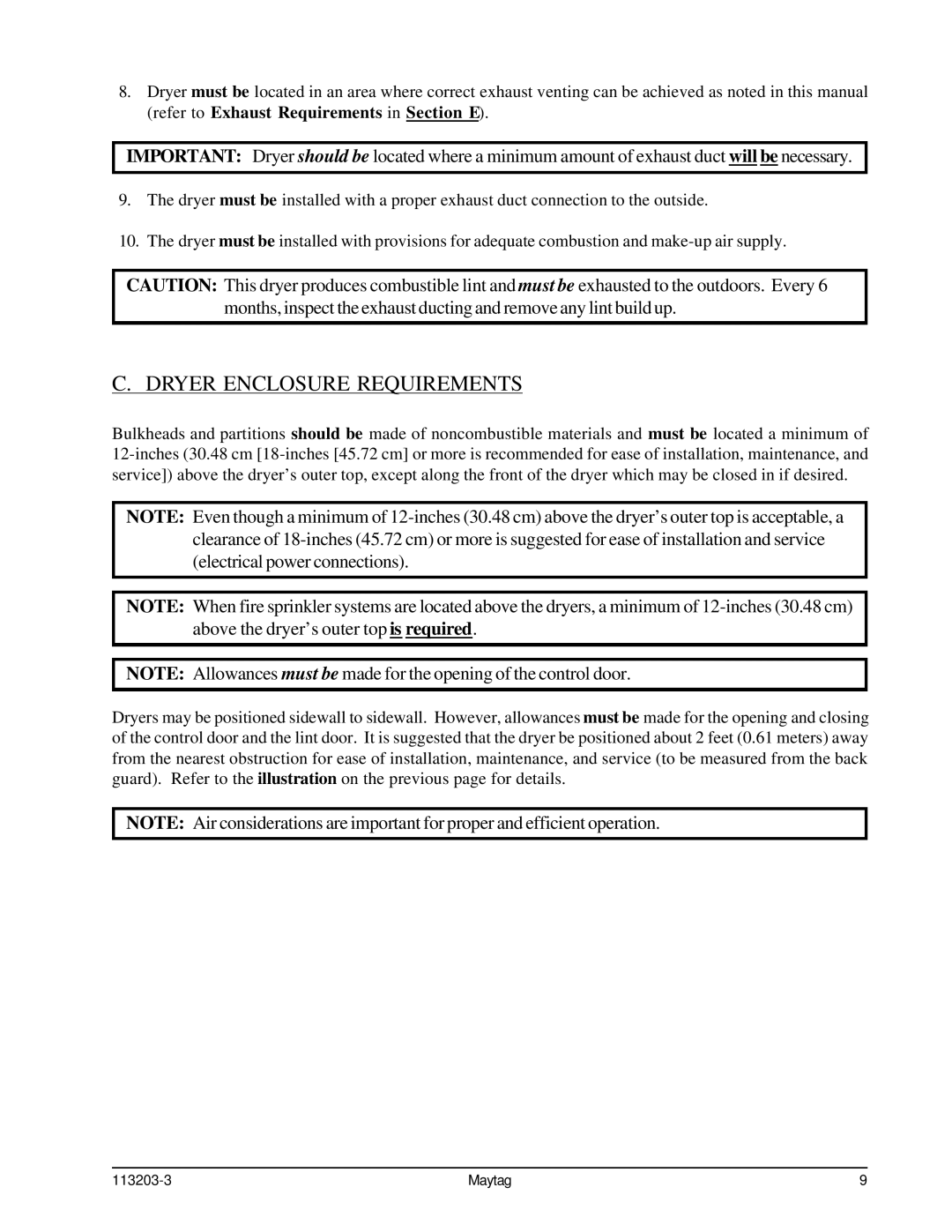 American Dryer Corp MLG31PCB installation manual Dryer Enclosure Requirements 