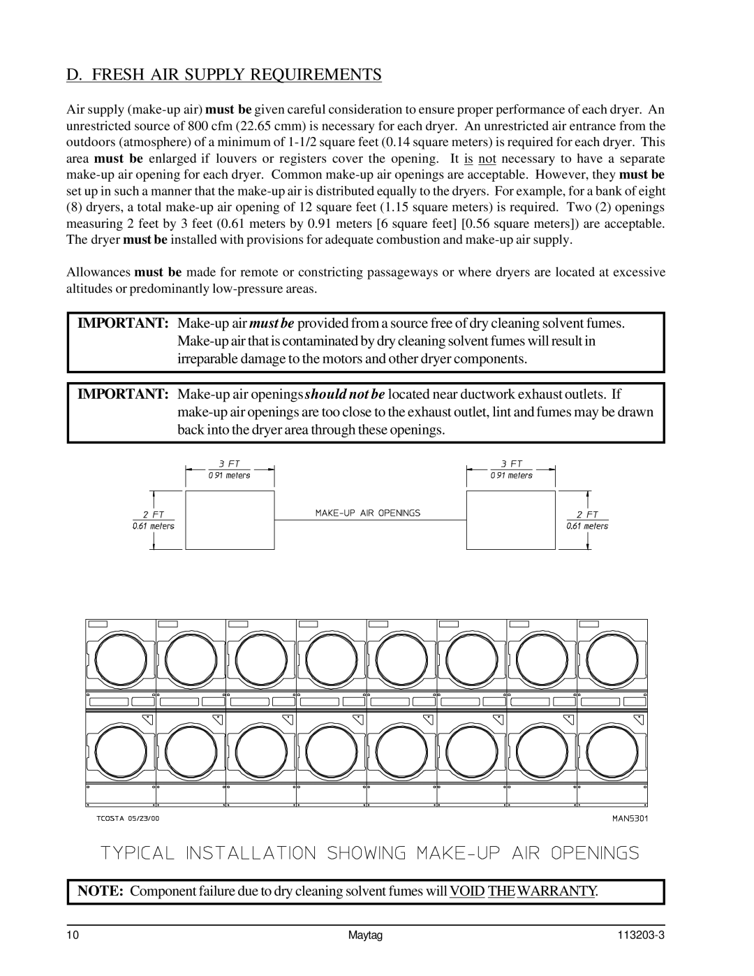 American Dryer Corp MLG31PCB installation manual Fresh AIR Supply Requirements 