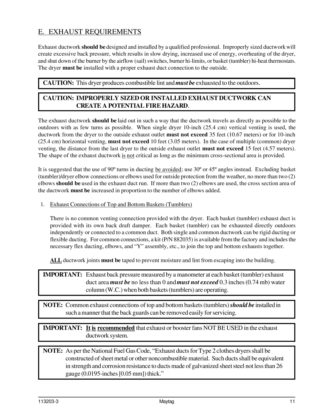 American Dryer Corp MLG31PCB installation manual Exhaust Requirements 