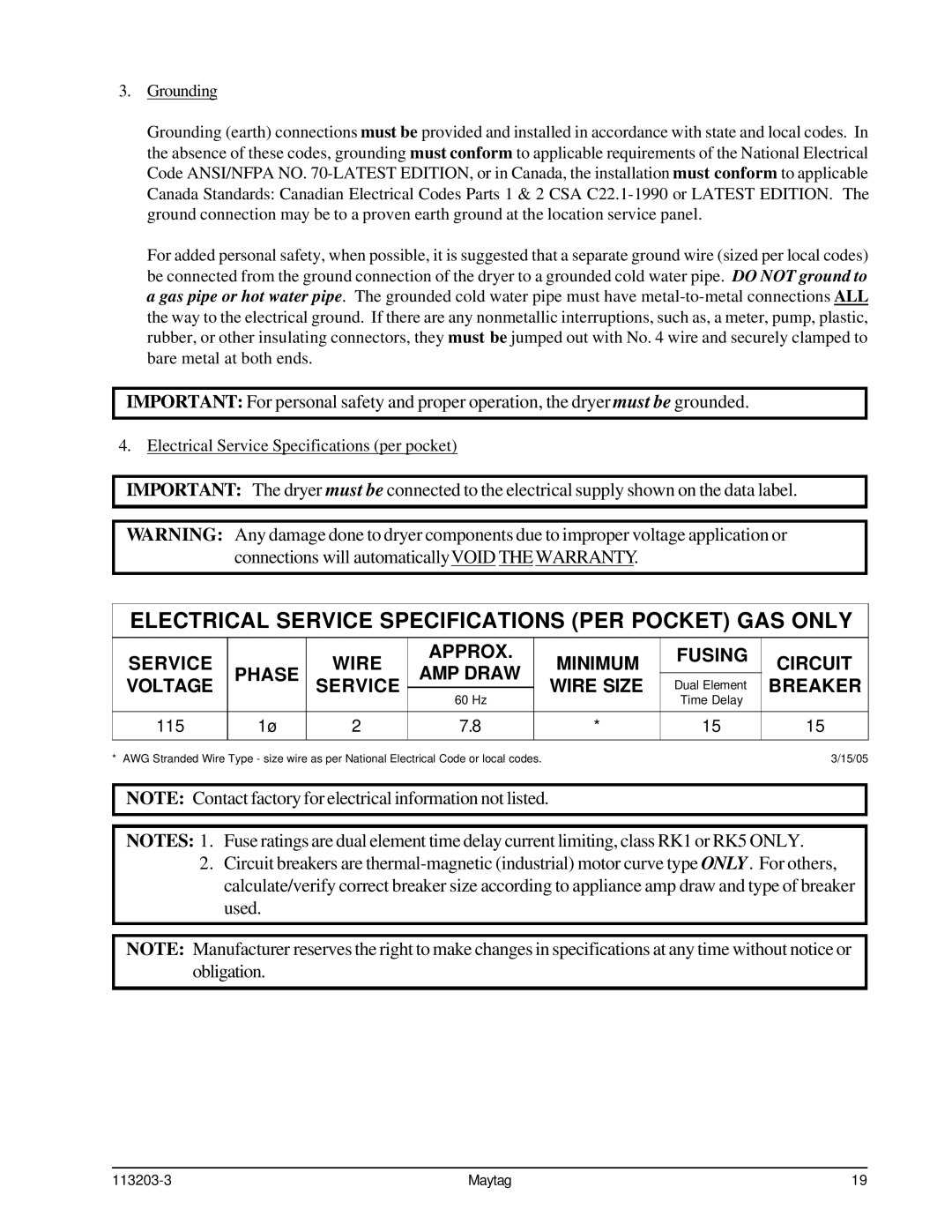 American Dryer Corp MLG31PCB installation manual Electrical Service Specifications PER Pocket GAS only 