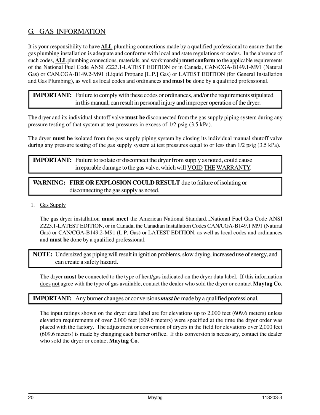 American Dryer Corp MLG31PCB installation manual GAS Information 