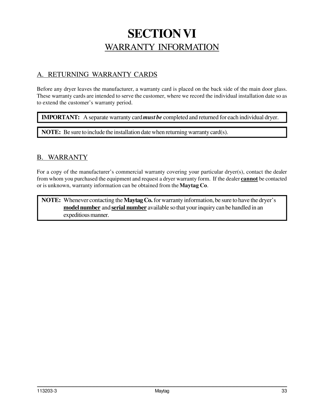 American Dryer Corp MLG31PCB installation manual Warranty Information, Returning Warranty Cards 