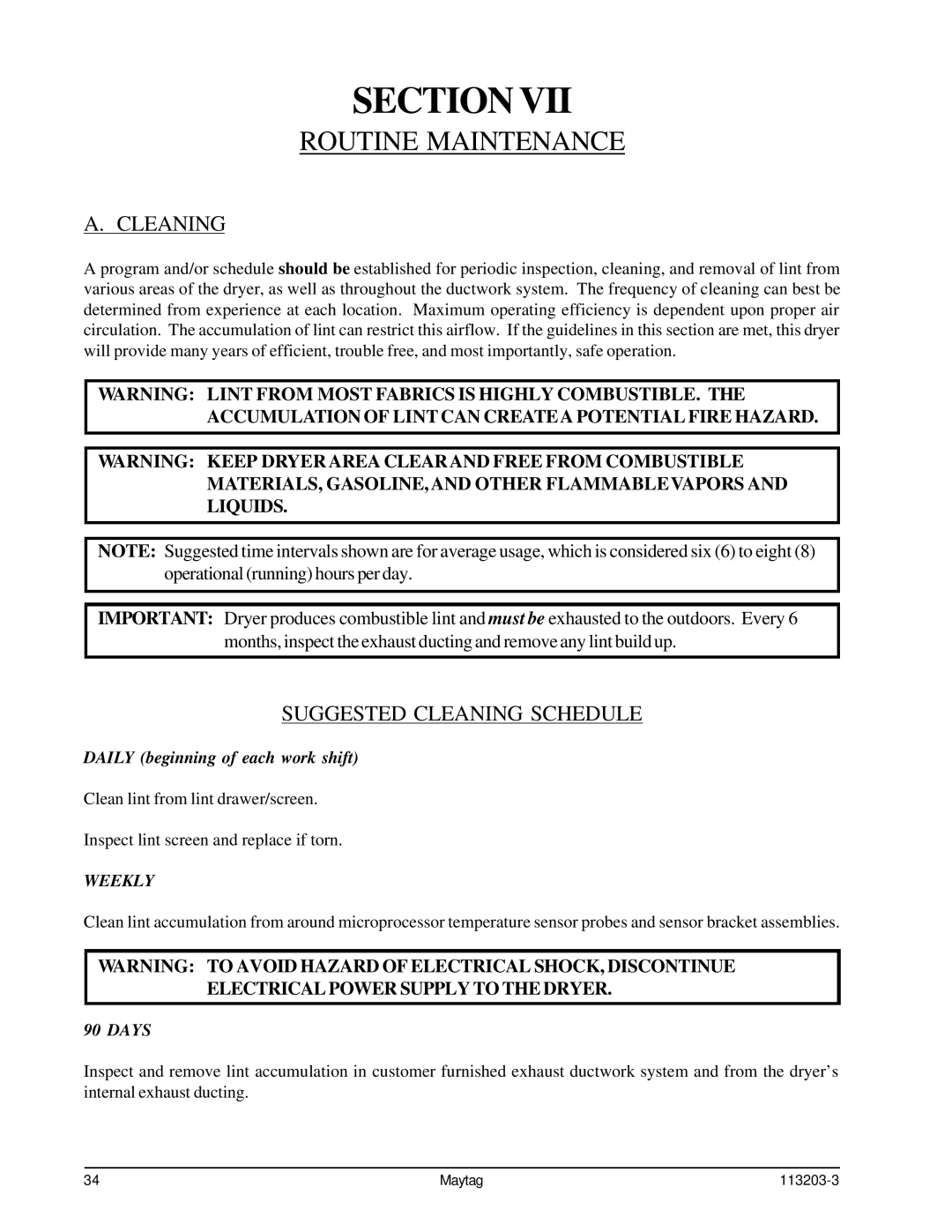 American Dryer Corp MLG31PCB installation manual Routine Maintenance, Suggested Cleaning Schedule 