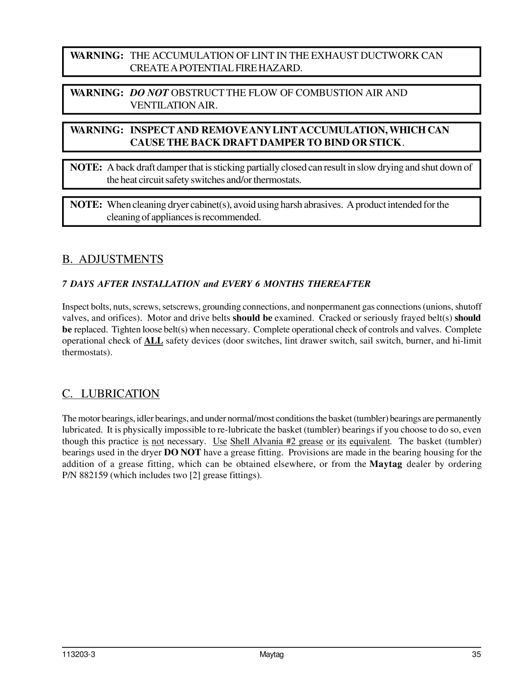 American Dryer Corp MLG31PCB installation manual Adjustments, Lubrication 