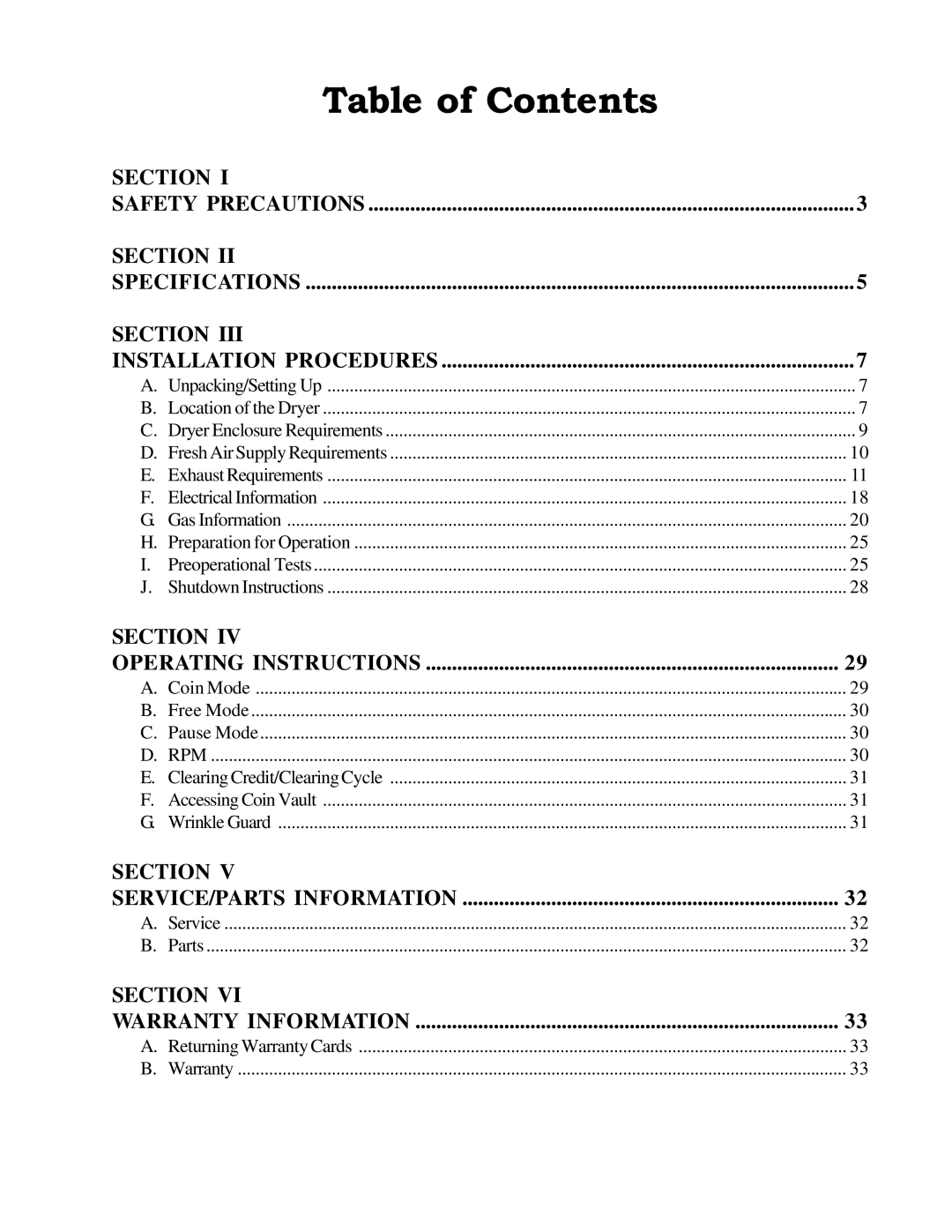 American Dryer Corp MLG31PCB installation manual Table of Contents 