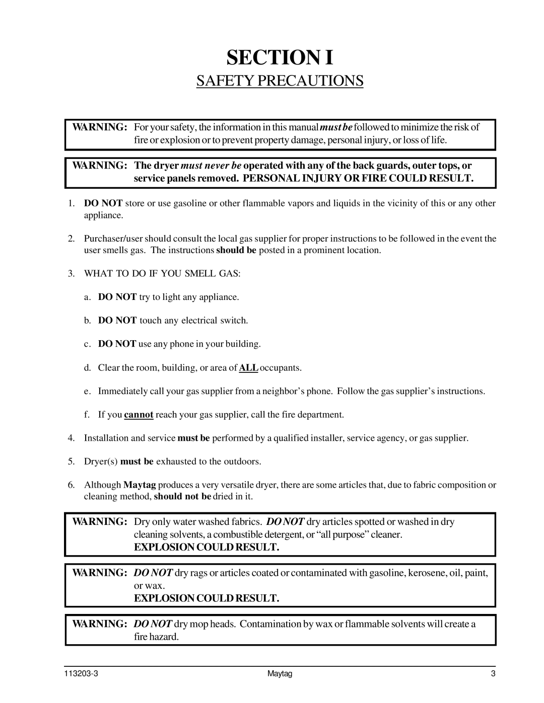 American Dryer Corp MLG31PCB installation manual Section, Safety Precautions 