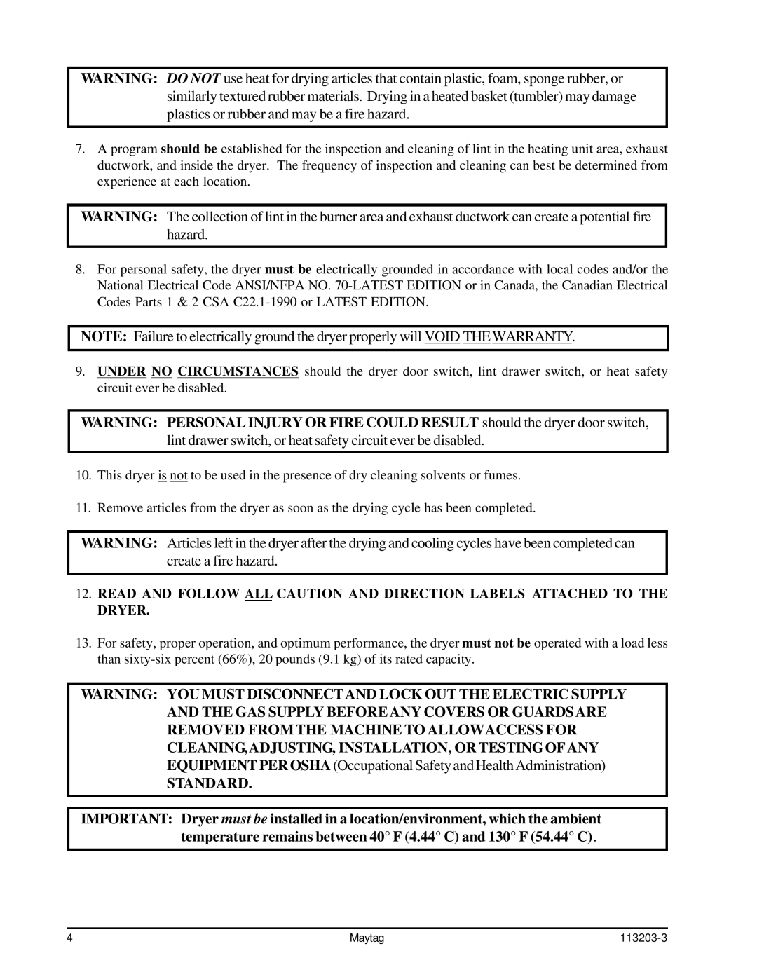 American Dryer Corp MLG31PCB installation manual Standard 