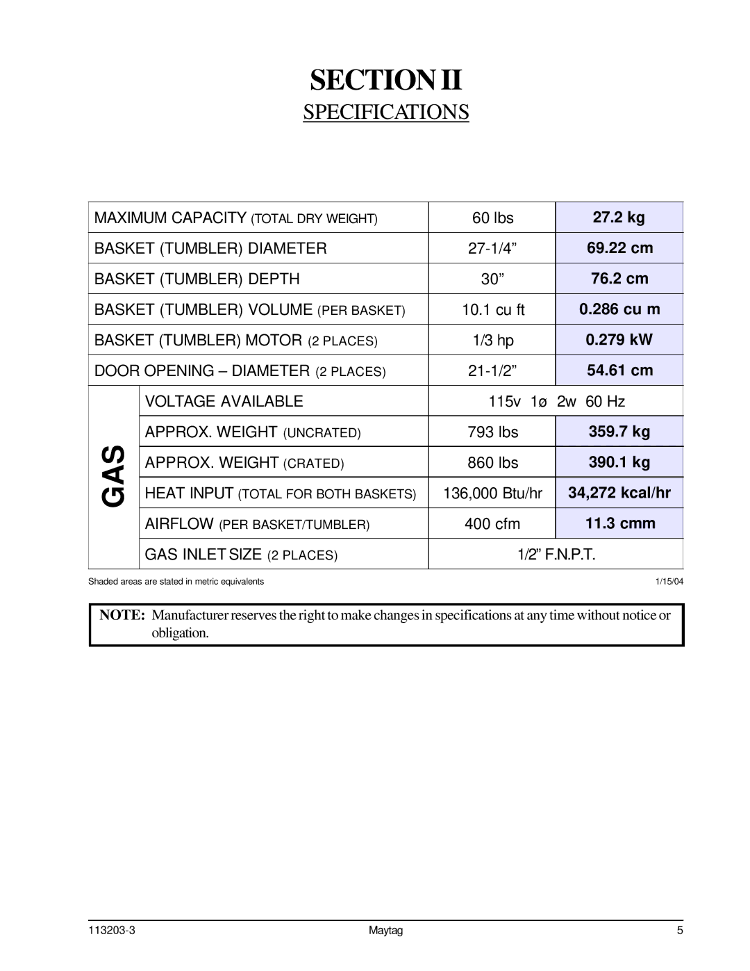 American Dryer Corp MLG31PCB installation manual Gas, Specifications 