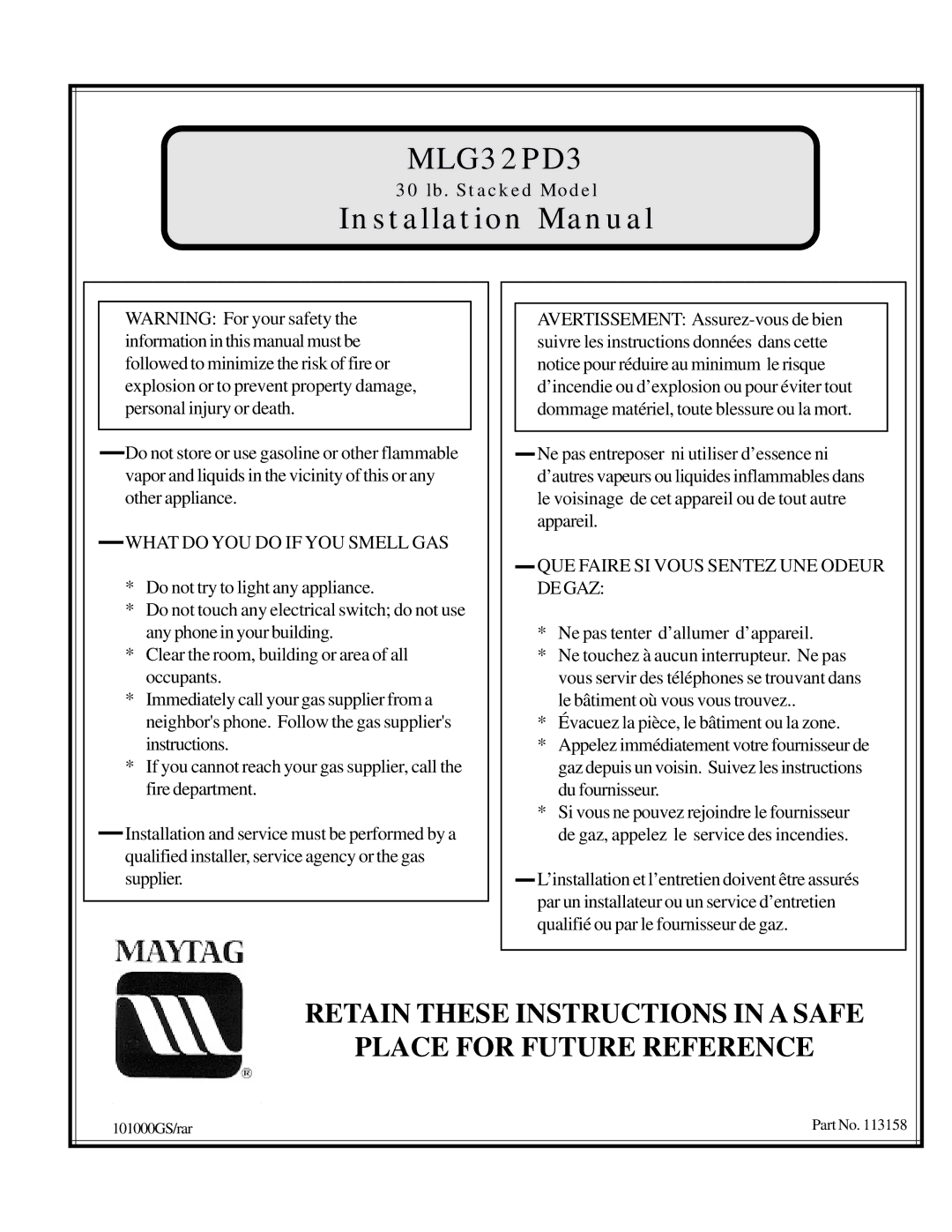 American Dryer Corp MLG32PD3 installation manual 