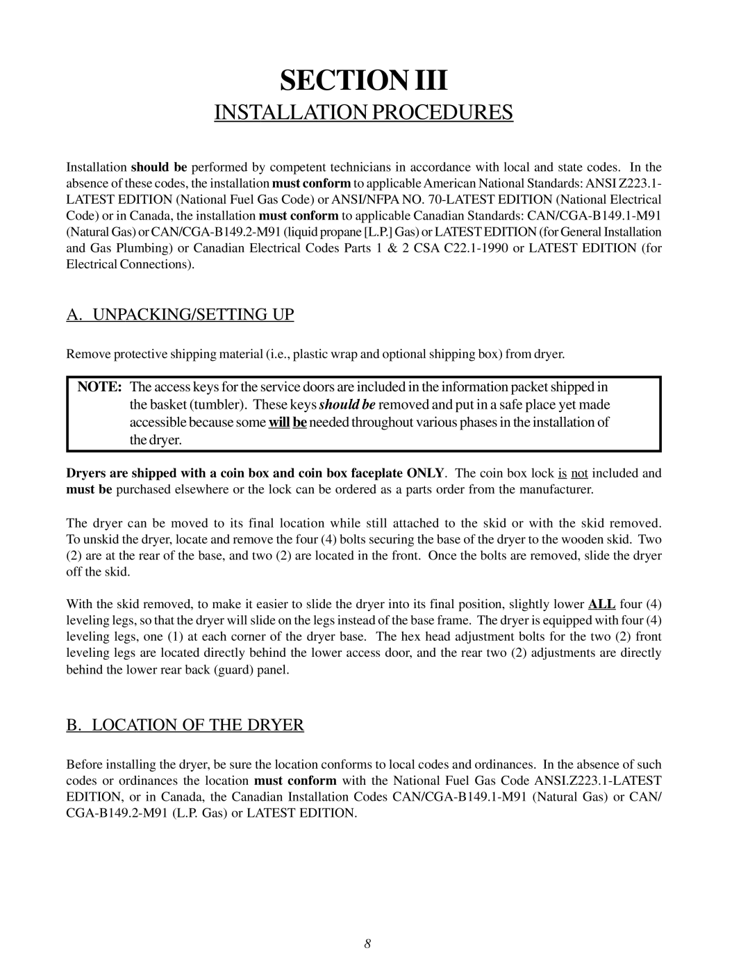 American Dryer Corp MLG32PD3 installation manual Installation Procedures, Unpacking/Setting Up, Location of the Dryer 