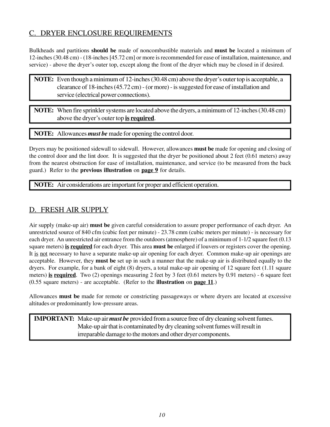 American Dryer Corp MLG32PD3 installation manual Dryer Enclosure Requirements, Fresh AIR Supply 