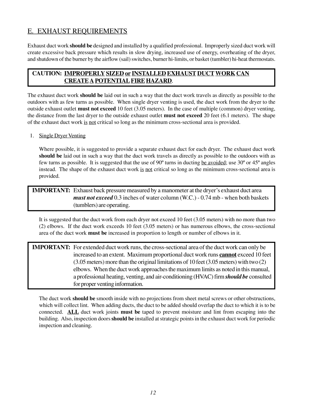 American Dryer Corp MLG32PD3 installation manual Exhaust Requirements 