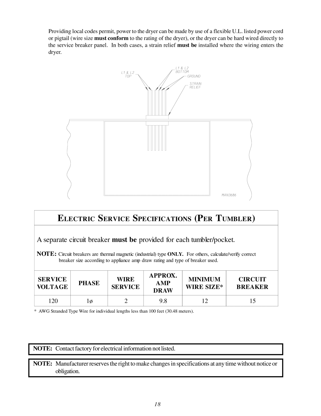 American Dryer Corp MLG32PD3 installation manual Electric Service Specifications PER Tumbler 